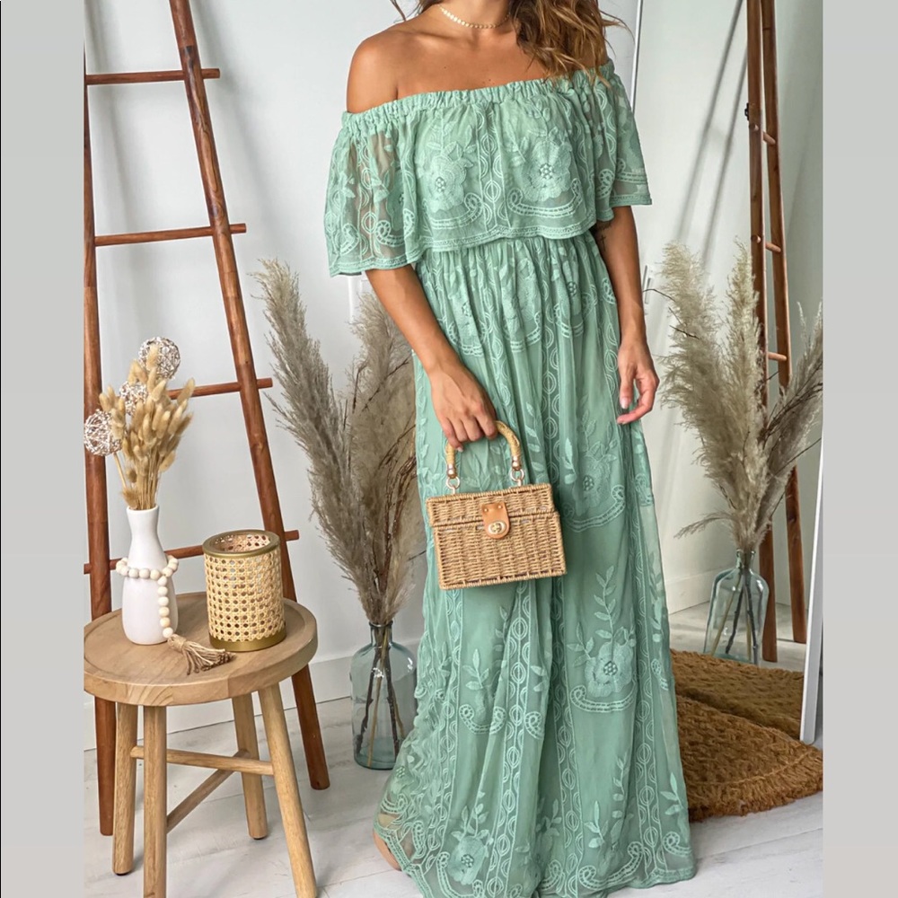 Green off the shoulder Lace Overlay Maxi Dress